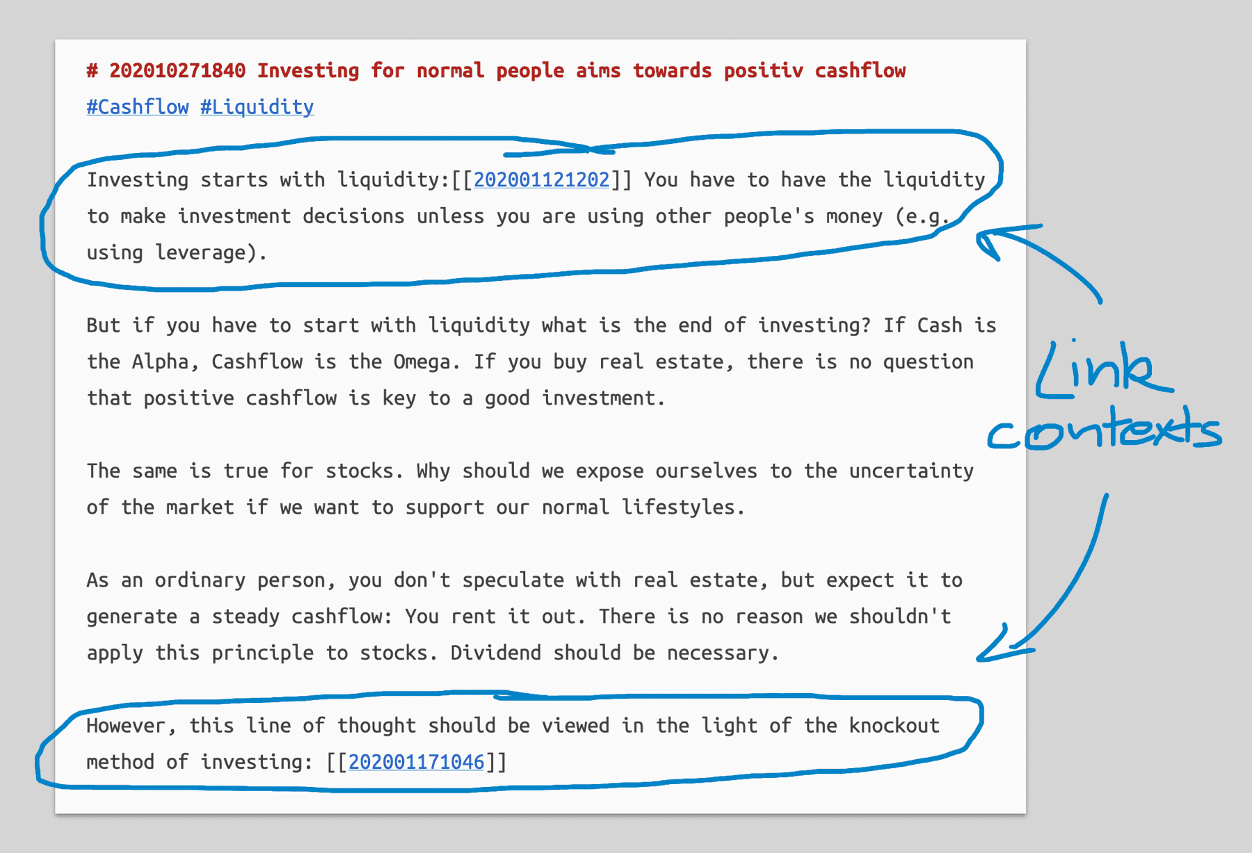 Investing for normal people aims towards positiv chashflow #Cashflow #Liquidity Investing starts with liquidity:202001121202 You have to have the liquidity to make investment decisions unless you are using other people's money (e.g. using leverage). But if you have to start with liquidity what is the end of investing? If Cash is the Alpha, Cashflow is the Omega. If you buy real estate, there is no question that positive cashflow is key to a good investment. The same is true for stocks. Why should we expose ourselves to the uncertainty of the market if we want to support our normal lifestyles.As an ordinary person, you don't speculate with real estate, but expect it to generate a steady cashflow: You rent it out. There is no reason we shouldn't apply this principle to stocks. Dividend should be necessary. However, this line of thought should be viewed in the light of the knockout method of investing: 202001171046